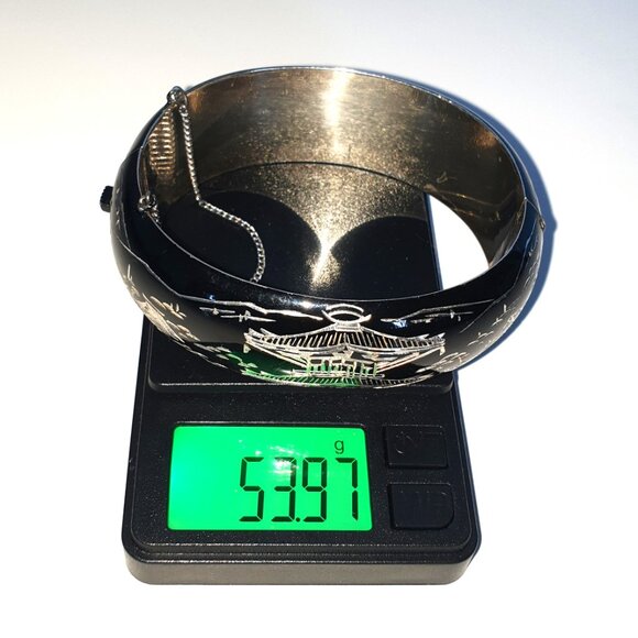 Vintage Japanese Damascene Niello Sterling Silver Pagoda Village Cuff Bangle - Picture 10 of 12